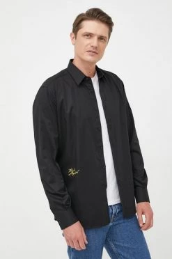 Ανδρικά Πουκάμισα Βαμβακερό πουκάμισο Karl Lagerfeld χρώμα: μαύρο, -Karl Lagerfeld Εκπτώσεις unnamed file 2019